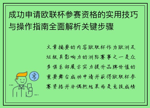 成功申请欧联杯参赛资格的实用技巧与操作指南全面解析关键步骤